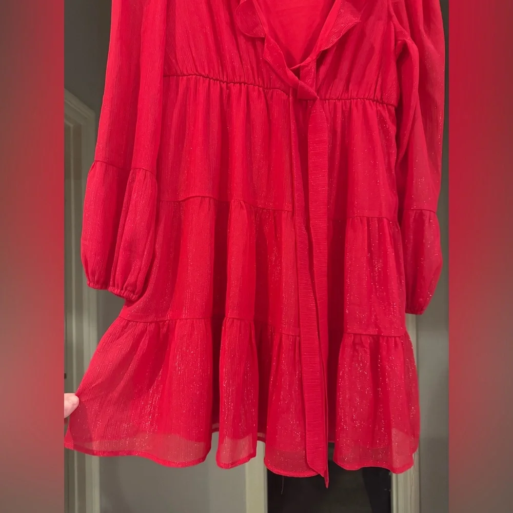 Crystal Doll Red Shimmer Ruffled tiered Women's Dress Size L - Picture 6 of 8